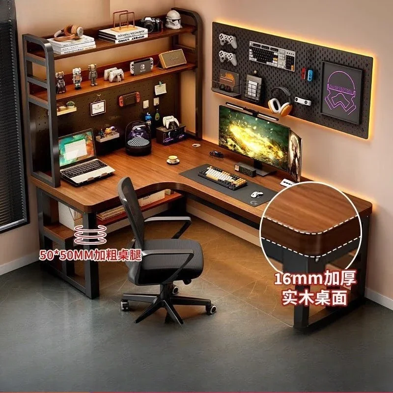 Scrivania per computer ad angolo in legno massello, camera da letto, scaffale per desktop domestico, tavolo doppio e-sport integrato