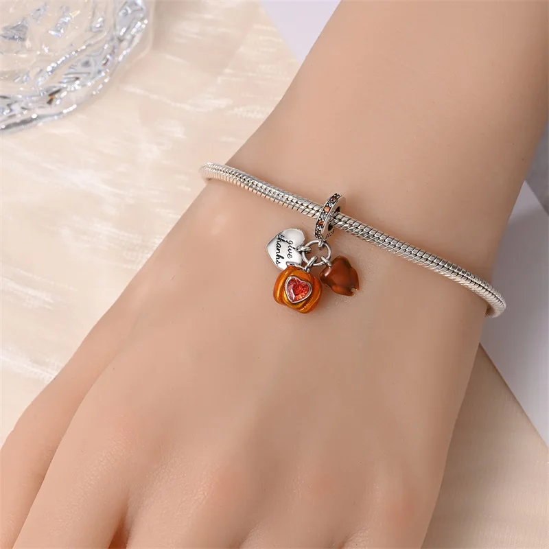 Herbstserie aus 925er-Sterlingsilber, braune Ahornblätter, Vogelscheuche, Eichhörnchen, Kürbis-Charms, Perlen, passend für Pandach-Armbänder, DIY-Schmuck – Detail 18