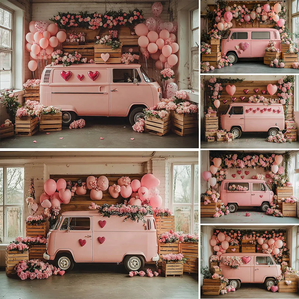 Mocsicka Photography Background Valentine's Day Bus Floral Arch Decoration Baby Shower Couple Portrait Photo Studio Props Banner