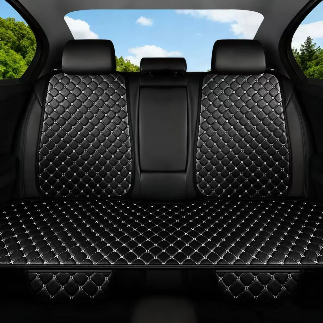 Nappa Leather Car Seat Cushion Cover for All Seasons, Anti Slip, Breathable, Wear-Resistant Backrest Pad, Rear Three Piece Set