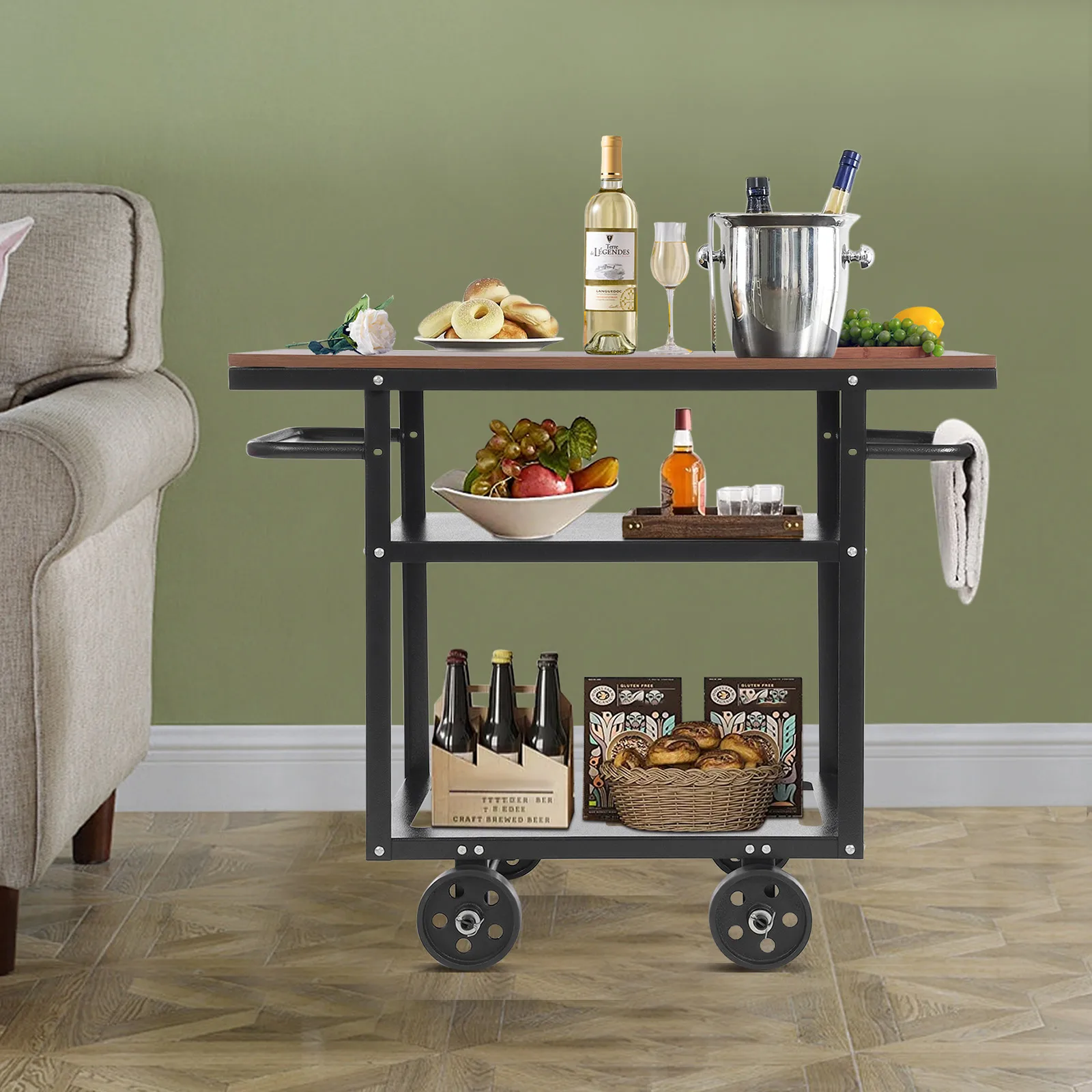 3 Tier Industrial Mobile Serving Cart With Wheels, Rolling Kitchen Storage Trolley With Side Handles, Particle Board & Carbon Steel Utility Cart For Cafe Restaurant Bar Home image 4