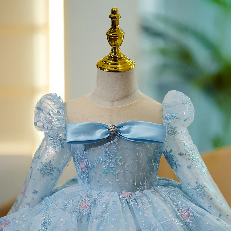 Children Eid Holidays Elegant Girls Blue Dress Birthday Party Evening Ball Gowns Formal Kids Luxury Pageant Gala Short Dresses