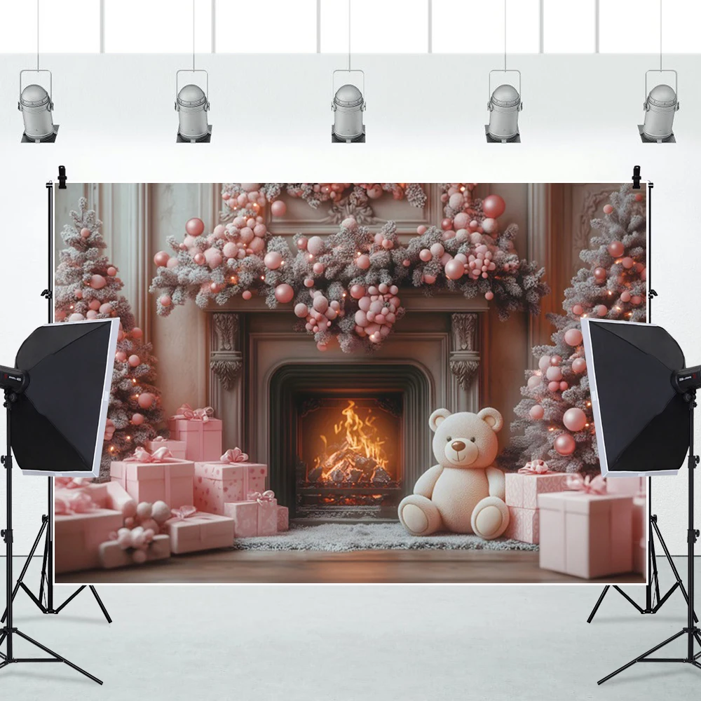 Pink Christmas Photography Backgrounds Retro Wall Teddy Bear Fireplace Xmas Tree Gift Kids Portrait Family Party Decor Backdrops