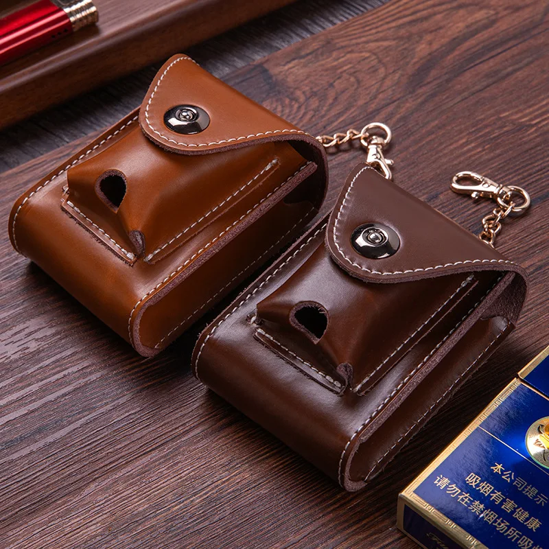 Genuine Leather Cigarette Case Bag Lighter Set All-in-one Cigarette Pack Men\'s Outdoor Belt Belt Pack Lighter Bag