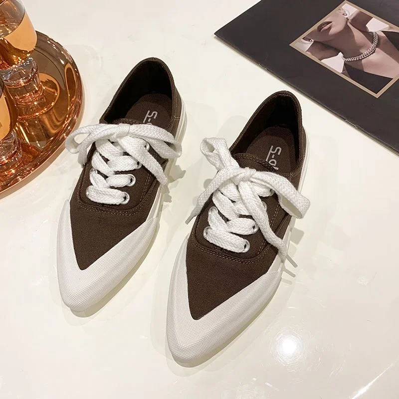 Pointed Toe Woman Footwear Canvas Flat Shoes for Women Vulcanized Cotton Spring Autumn Korean Original Urban Daily Routine A 39