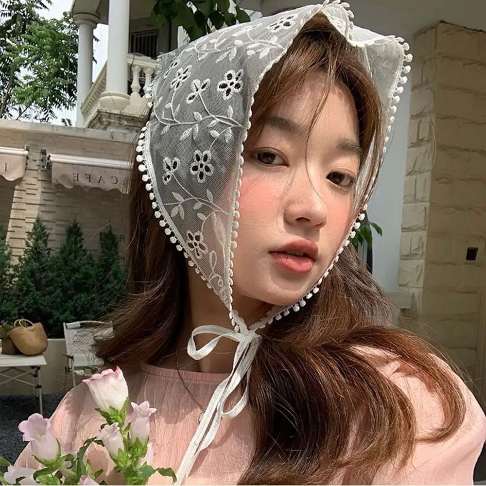 Embroidery Flower Triangle Bandana Elegant Turban Hair Band Lace Hair Scarf Wraps Headbands Triangle Scarf Girls