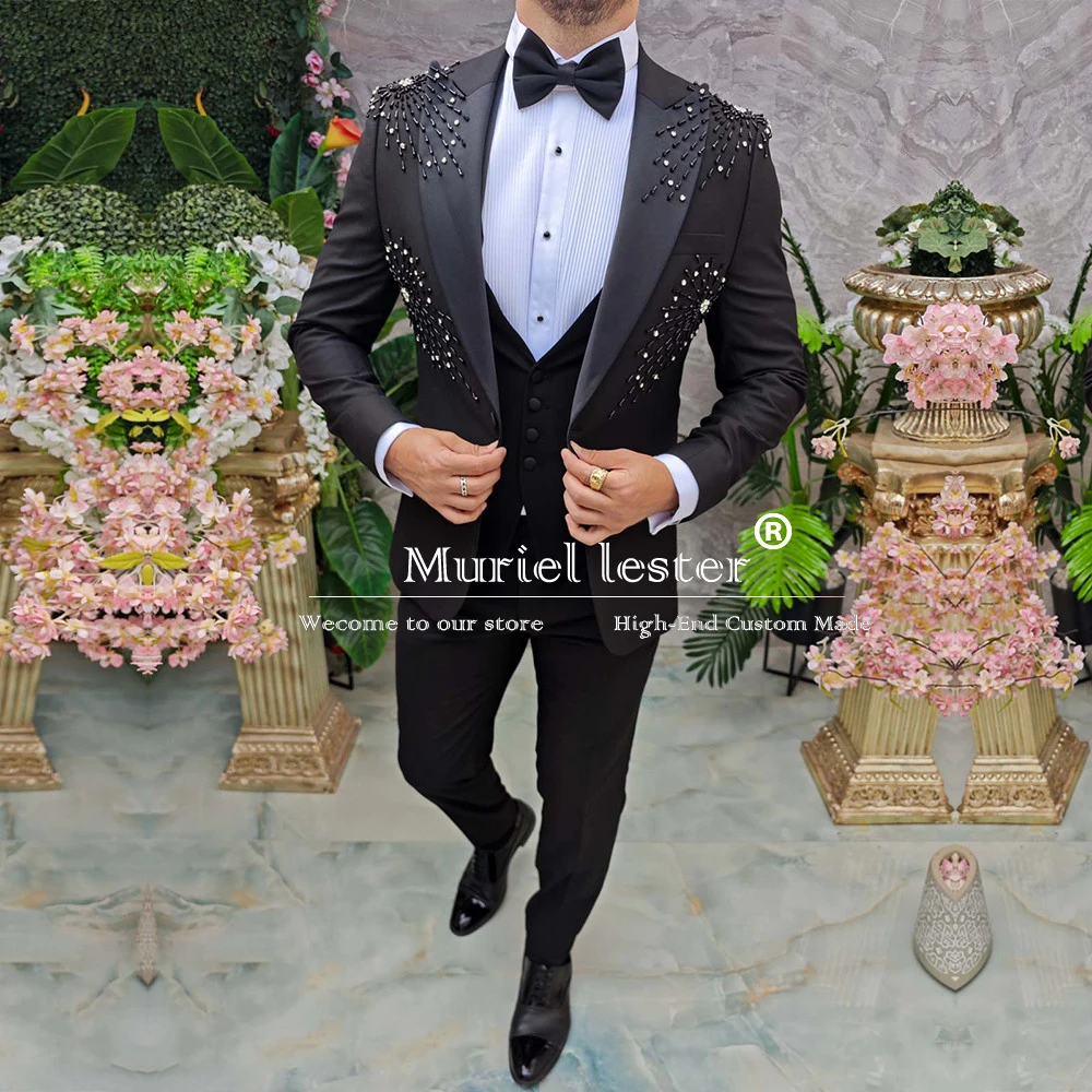 

Luxury Groom Wedding Suits Slim Fit Black Beaded Stone Jacket Vest Pants 3 Pieces Formal Men's Tuxedos Bespoke Ceremony Clothing