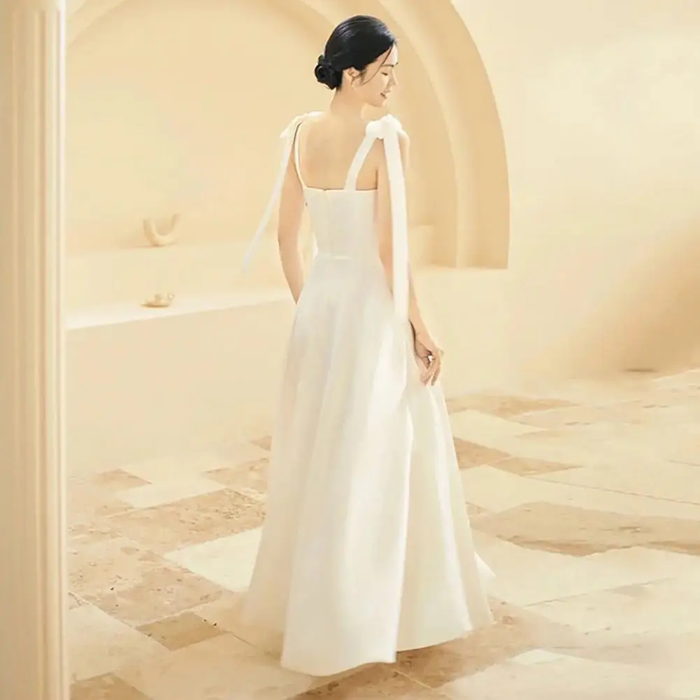 

Satin Dress Elegant Satin Lace-up Wedding Dress with Bow Detail Square Neckline A-line Silhouette for Filming Photo Taking