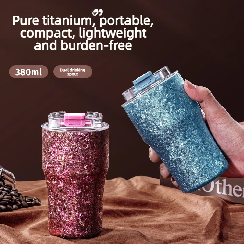 Pure Titanium Travel Mug 380ml Dual Drink Lid Vacuum Insulated Coffee Cup, Portable Leakproof Tumbler, Anti-bacterial Car Water