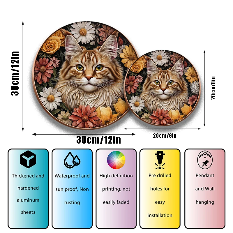 Adorno de aluminio para mascotas Maine Coon Cat: pintura decorativa circular personalizada y lápida de recuerdo |   Perfecto para regalos