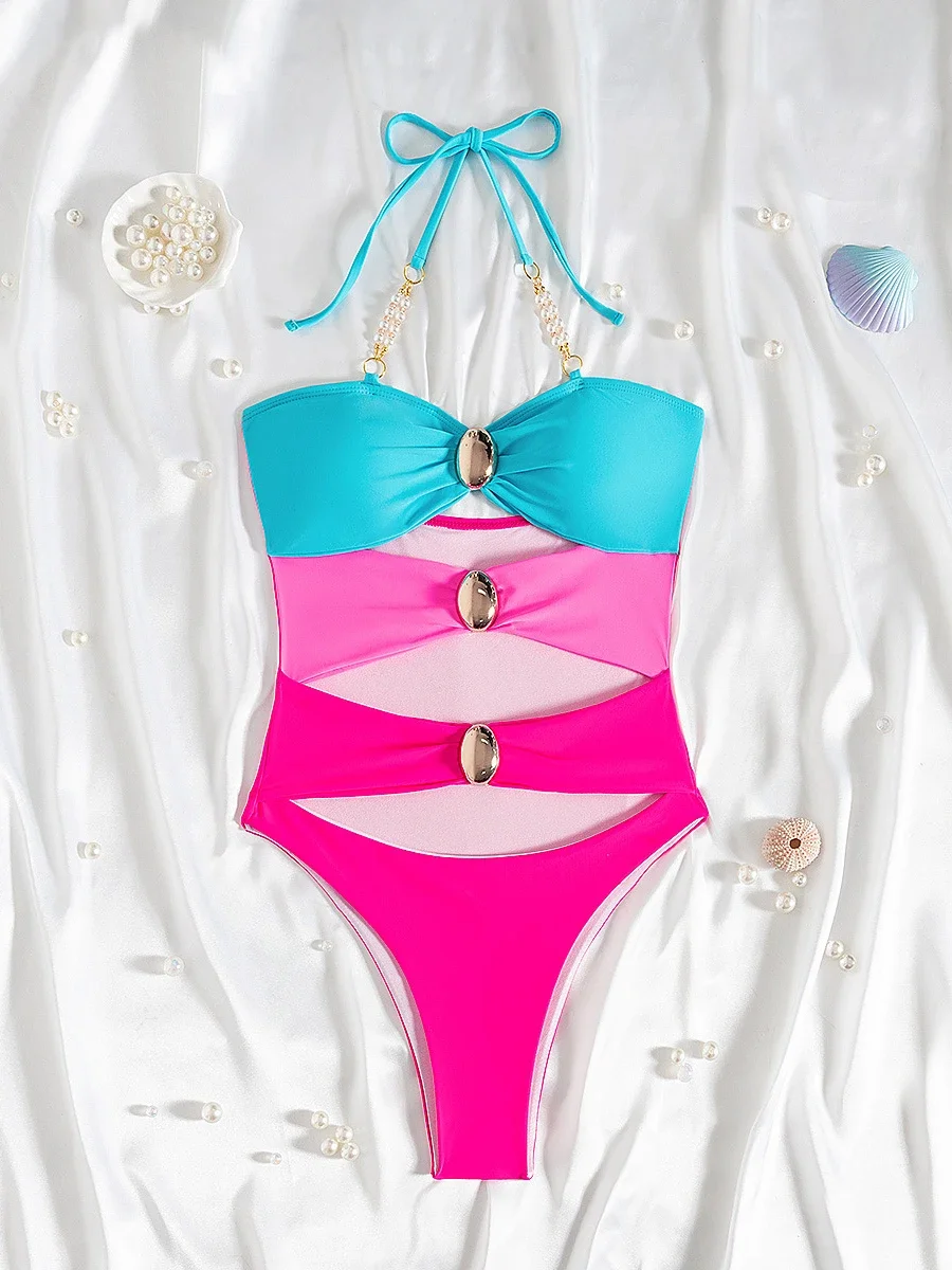 

Hollowen One Piece Swimsuit Patchwork Sexy Swimwear Women Halter Swim Suits Push Up Bathsuit Belt Bodysuit Beachwear