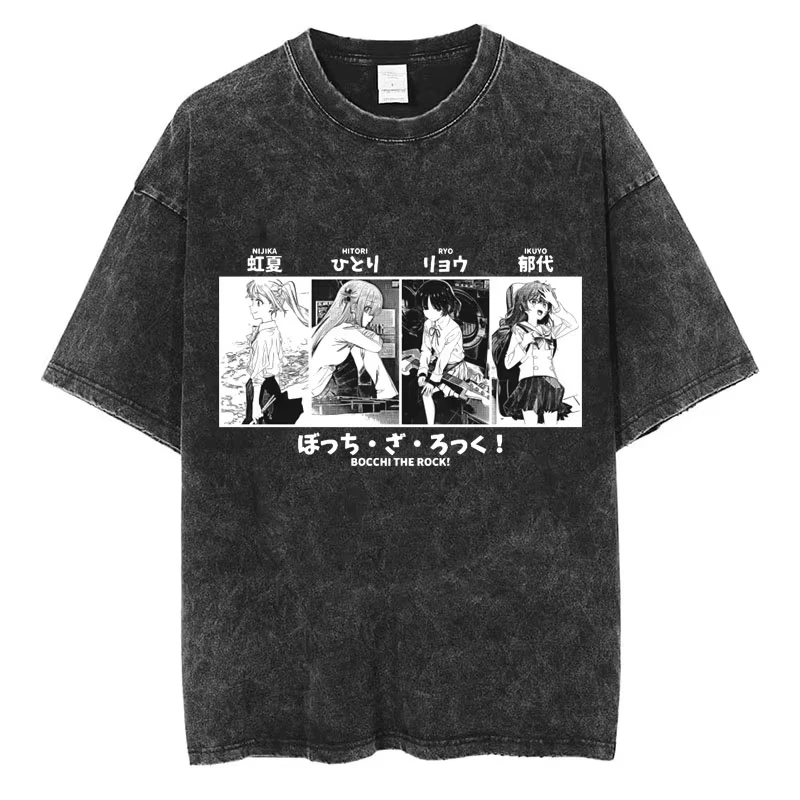 Washed Anime BOCCHI THE ROCK T Shirt Hitori Gotoh Yamada Ryo Kita Ikuyo Ijichi Nijika Trendy T-Shirt Men Women Loose Cotton Tees