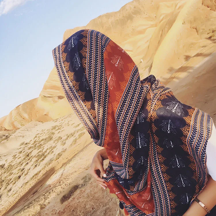 コットンリネン軽量スカーフプリント日焼け防止カバーアップショールボヘミアンビーチシーサイド特大ラップ女性夏 ​