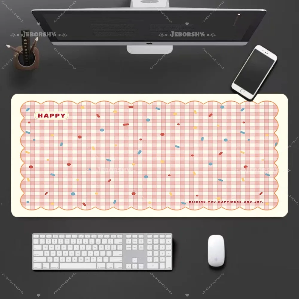 Lovely Pink Plaid Extended Desk Mat, Soft Non-Slip Mouse Pad with Wavy Edge, Great Gift for Desk Setup Lovers