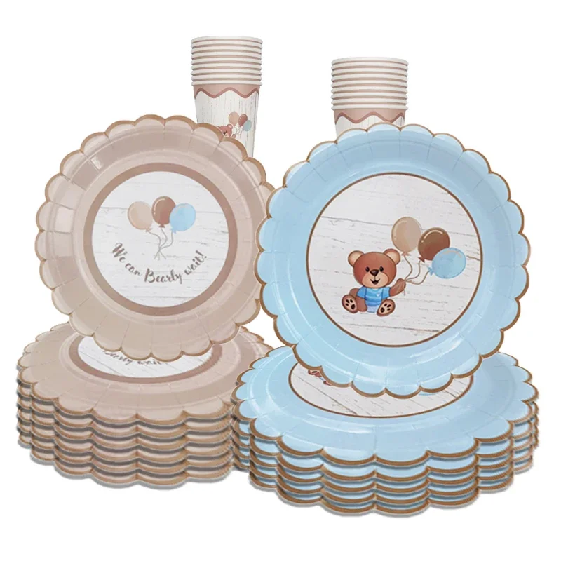 10 Guests Cute Bear Teddy  Disposable Tableware Baby Shower Boy Girl Blue Napkin Plate Cup We Can Bearly Wait Baby Babyshower