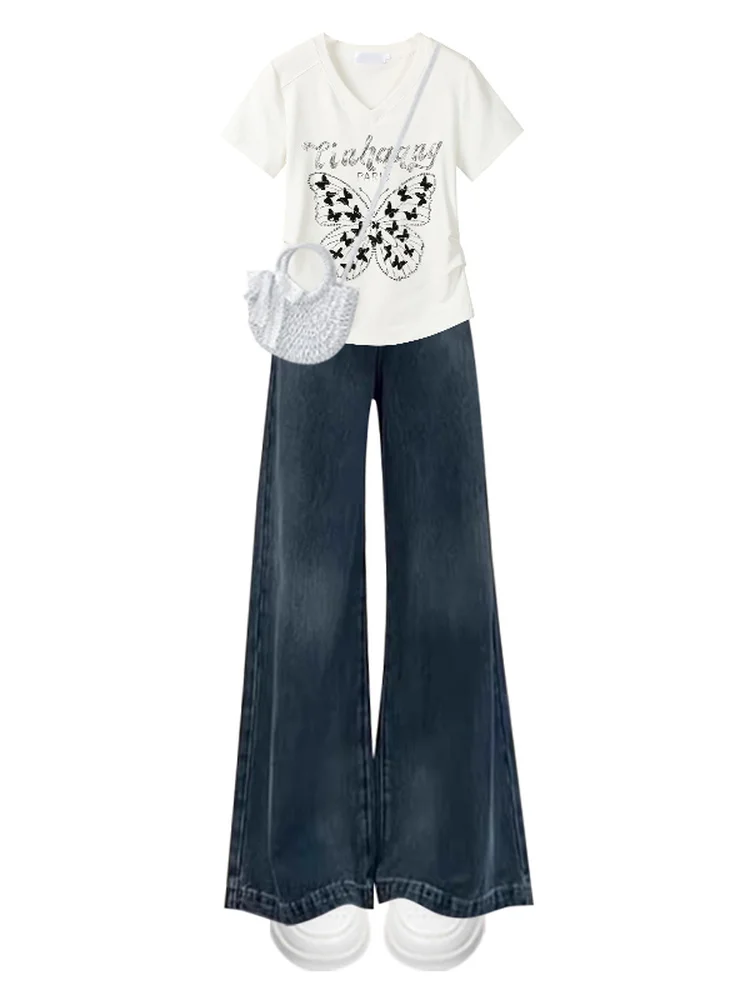 Summer New Sle Hot Girl  Inner Wear ort Sve Top High Waist Loose Wide Leg Jeans Two Piece Set Women's Faion