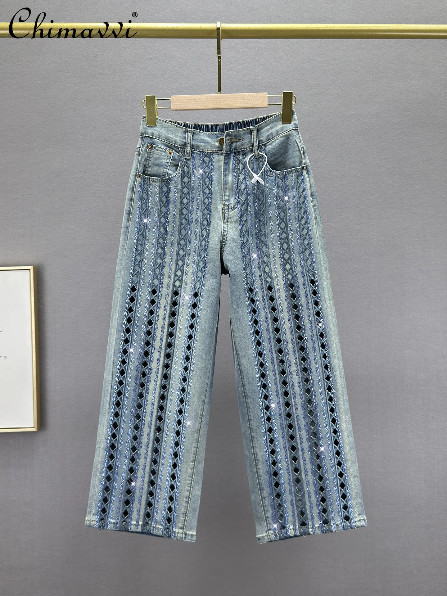 

Heavy Cut Out Hot Diamond Jeans Women's Cropped Pants Summer New Fashion Thin High Waist Loose Slimming Straight-leg Pants