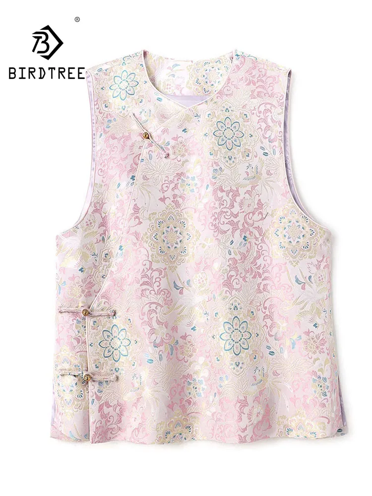 BirdTree-Silk Song Brocade Elegant Vest, O Neck Cartoon, Women Versatile Retro Chic Loose A-line Coat, 2026 Autumn New C69331CC