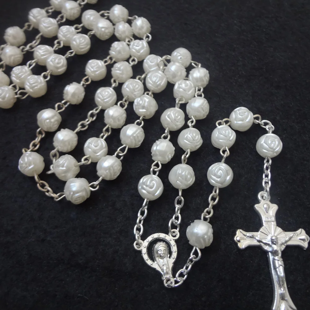 8mm White Pearl Rose Beads Rosary Cross Pendant Necklace For Women Sweater Chain Plastic Beads Catholic Jewelry Accessories