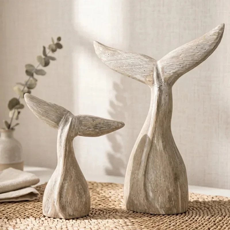 Wood Vintage Handmade Whale Tail Ornament Coastal Nautical Tail Sculpture For Beach House Table Decor Vacation Home Gift