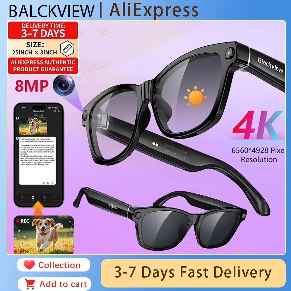 

Умные очки Blackview BV100 AI с камерой 800 Мп, 2K HD, Bluetooth-звонками, голосовым помощником, функцией перевода, динамиками и микрофоном, в виде солнцезащитных очков
