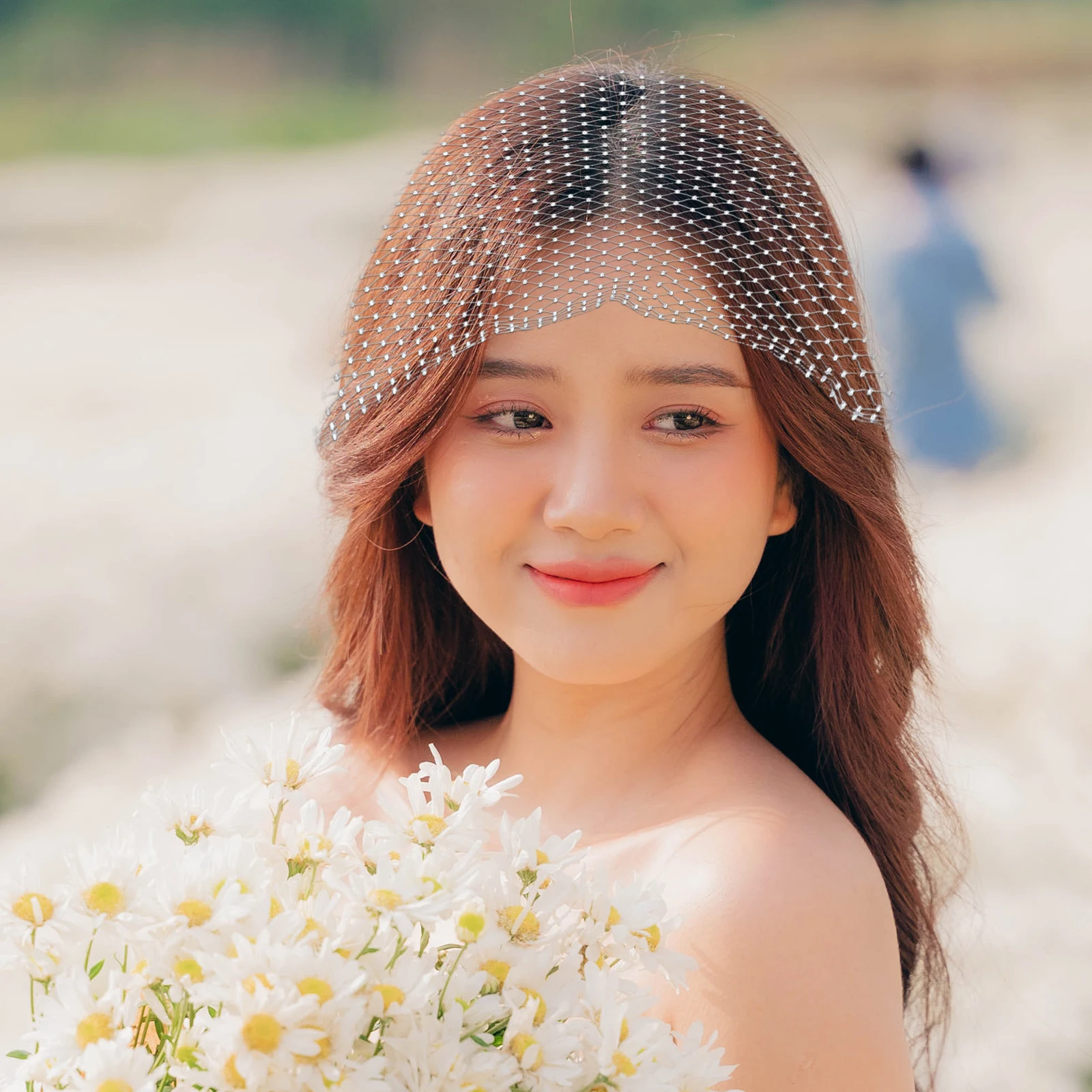 

Rhinestone Mesh Hair Net Crystal Sequin Headpiece B Prom Wedding Accessories Women Head B Glamorous