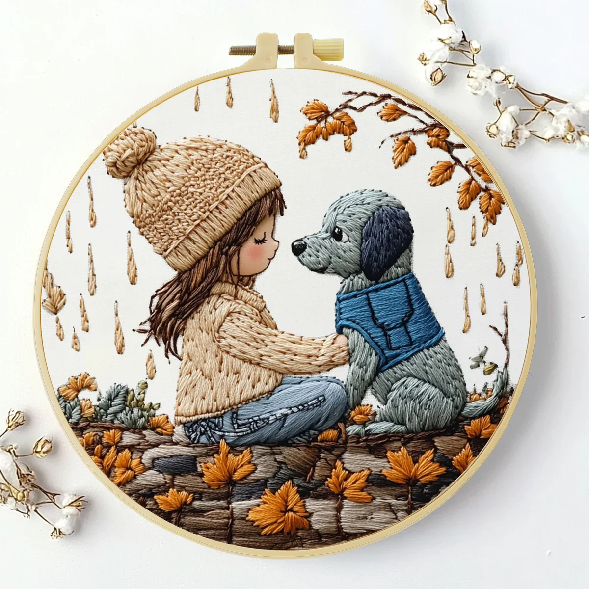 1 Stück 20X20CM/15X15CM 7,87/6,3 Zoll Stickerei-Starter-Kit „Ein Mädchen und ein Hund“ DIY-Kit DIY-Stickerei-Kit Handarbeiten Nadelkunst – Detail 3