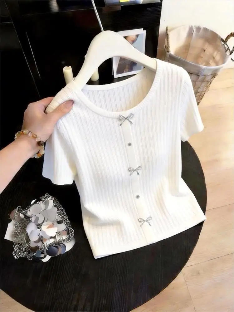 

Summer Knot Decorated Loose Fit round Neck Short Sleeve Women's T-Shirt Comfortable Breathable Korean Style Top