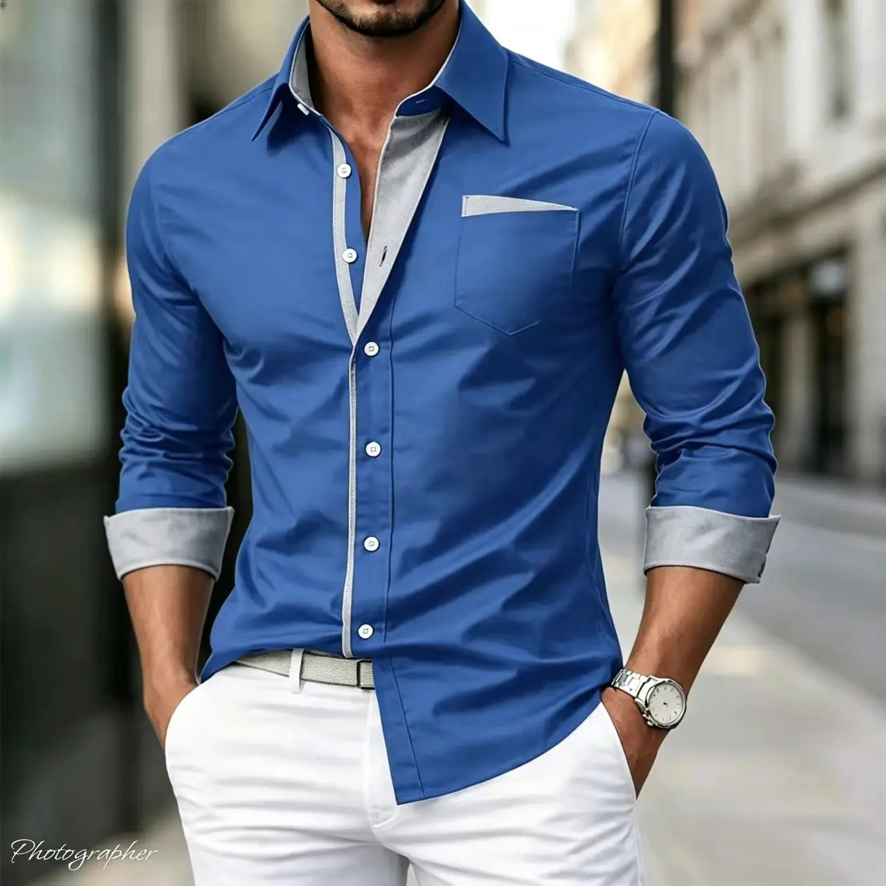 Men's long sleeved shirt, casual fashion style, daily use,  color block splicing fashion design, suitable for spring and autumn。