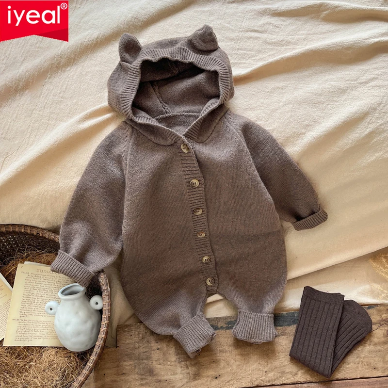 

IYEAL весенне-осенний вязаный комбинезон для младенцев и малышей, корейский осенний супер милый свитер с заячьими ушками для маленьких мальчиков и девочек, комбинезон