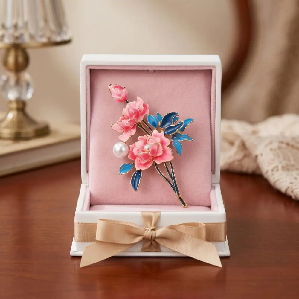 Temperament Elegant Cloisonne Brooch Pearl Chinese Style Peony Flower Corsages Light Luxury Clothing Accessories Enamel Pin Gift