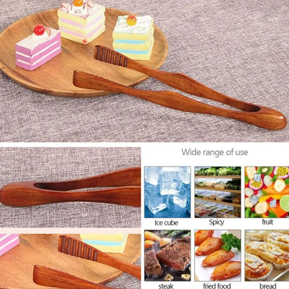 Kitchen Utensil Wooden Kitchen Tongs Anti-slip Handle Salad Bacon Steak Bread Clips Cake Clip Food Tongs