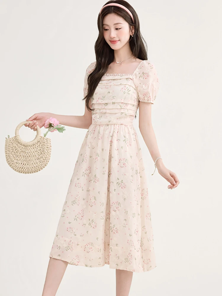 Women Pink Embroidery Floral Casual Long Dress 2025 New Short Sleeve Lace Square Collar Dress Summer Boho Elegant Holiday Dress