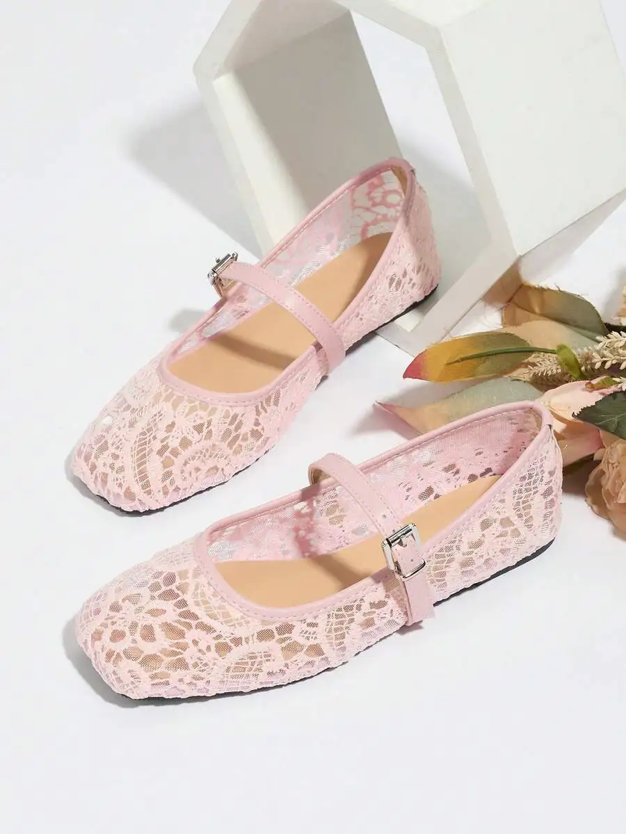Zapatillas de Ballet Planas Color Rosa para Mujer con Bordado Floral, Sandalias de Verano Transpirables con Punta Abierta y Malla, con Horma Ancha