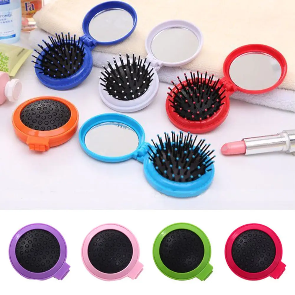 Portable Compact Travel Comb Beauty Tools Scalp Massager Folding Hair Brush Cosmetic Mirror Included