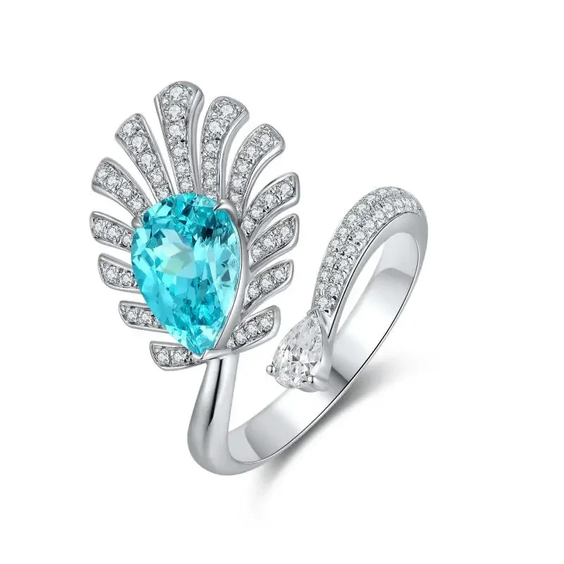 RUIF 2024 New Popular S925 Silver 3.48ct Pear Shape Lab Grown Paraiba Sapphire Ring Jewelry Engagementring Women