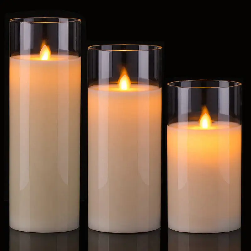 Set of 3 Flameless Glass Led Candle Battery Operate Paraffin Wax Pillar Light Remote&Timer Control Home Party table High8/10/12