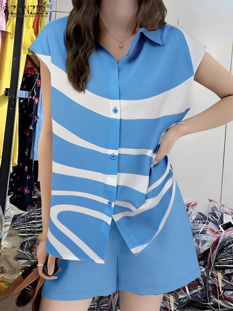 

ZANZEA Fashion Summer Outfits Women Two Pieces Sets Tracksuits Short Sleeve Printed Blouse Short Sets Casual Holiday Suits 2025