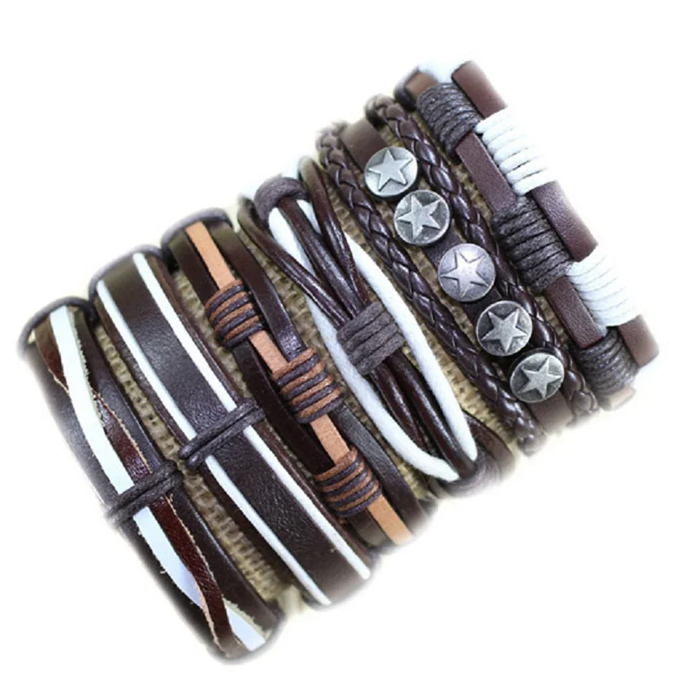 Blue Bracelets 6pcs/set Wrap Woven Fashion Handmade Men Bracelets Women Leather Bracelet Men Bangle Wholesale Jewelry Gift S69