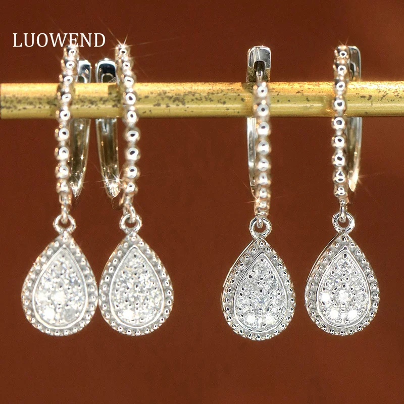 LUOWEND 100% 18K White Gold Earrings Fashion Water Drop Shape Real Natural Diamond Hoop Earrings for Women High Wedding Jewelry