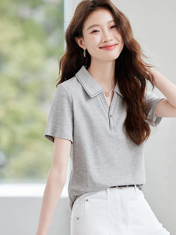 

Женская футболка из чистого хлопка с пуговицами, дышащая, летняя, модная, в корейском стиле, прямого кроя