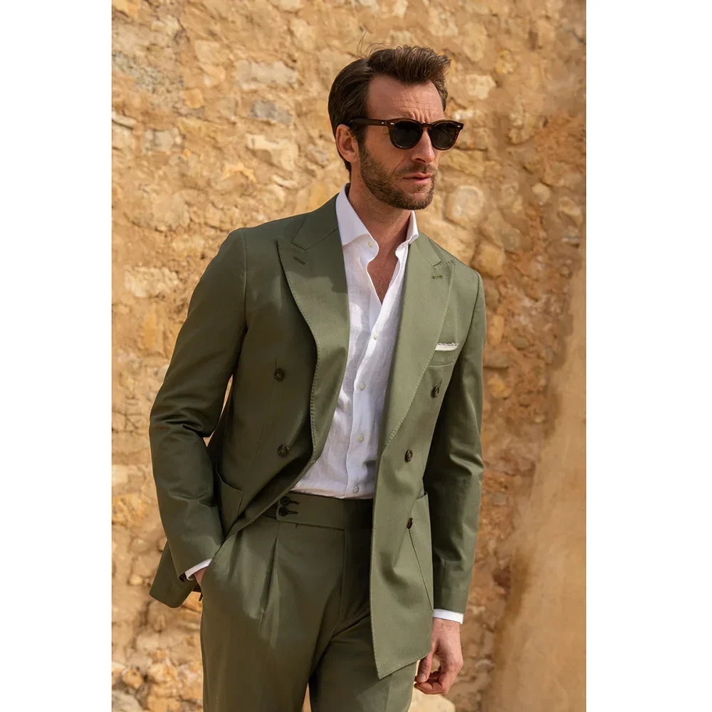 Army Green Suits for Men Fashion Peak Lapel Double Breasted 2 Piece Business Casual Office Blazer Sets Wedding Groom Tuxedo