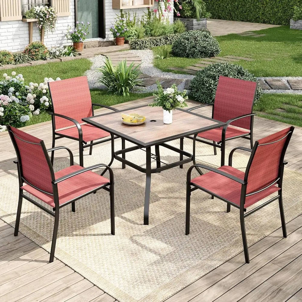 

4-Person Outdoor Dining Set with 4 Red Textilene Chairs and 37 Patio Table with Umbrella Hole