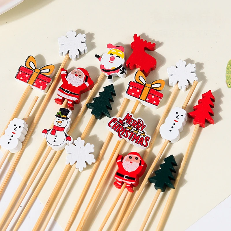 100pcs Christmas Fruit Stickers Santa Claus Snowman Xmas Tree Disposable Bamboo Sticks Merry Christma Cupcake Cake Decor 2024