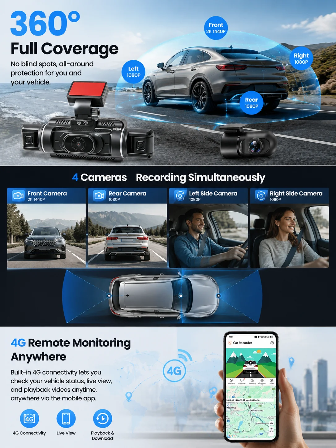 4-Kanal 4G LTE Dashcam 1440P Vorne, Dreifach 1080P Hinten, Auto-Kamera mit Fernüberwachung, Nachtsicht, GPS, ADAS, BSD, WLAN, Videoaufzeichnung