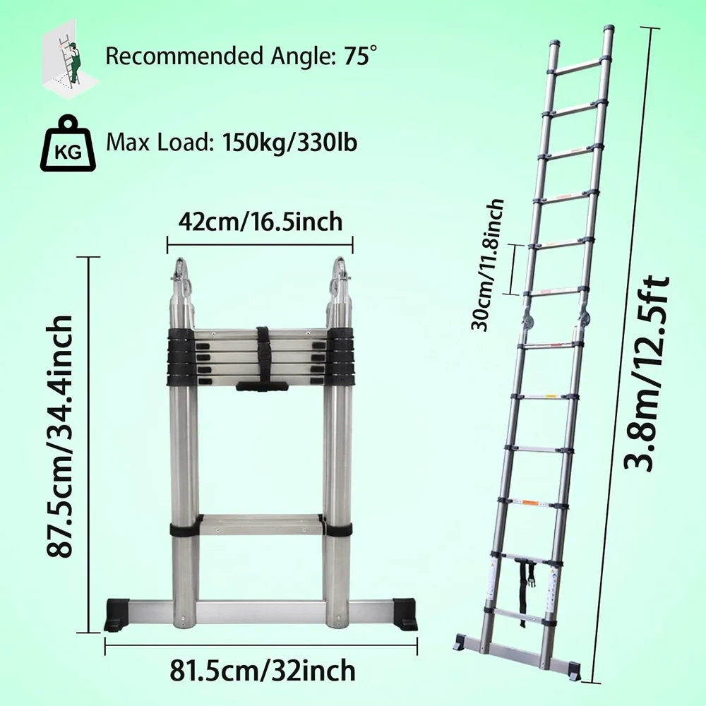 DayPlus 12.5 FT Folding Steel Telescopic Ladder 1.9M+1.9M Multi Purpose A-Frame Heavy Duty Loft Ladder with Stabilizer Home Tool