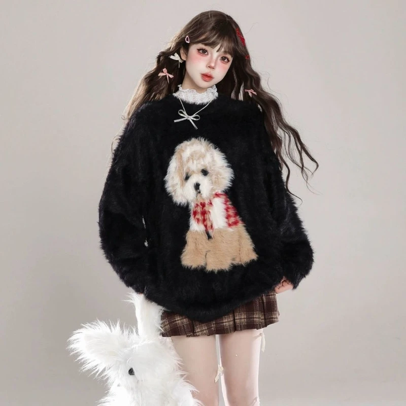 

Cartoon Puppy Mink Velvet Sweater For Women Autumn Winter Loose Soft Waxy Lazy Style Mid-length Casual Sweater Top