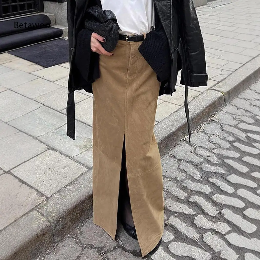 Vintage Khaki Faux Suede High Waist Maxi Skirt Front Slit Detachable Belt For Office And Streetwear Outfit