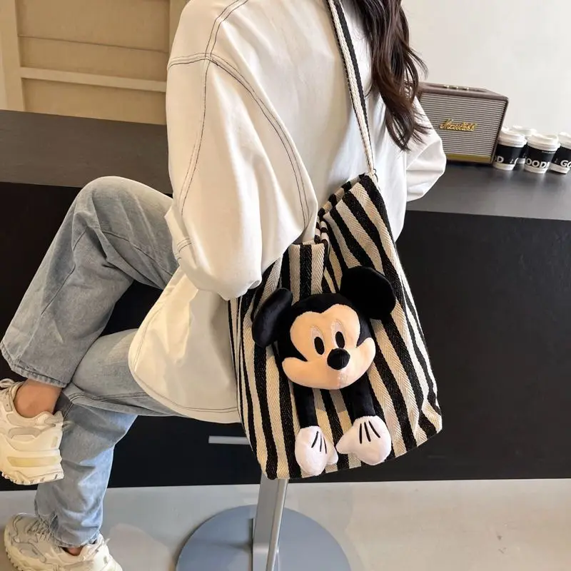 Disney Mickey creative three-dimensional cute doll striped one-shoulder canvas bag striped magnetic buckle commuter tote bag