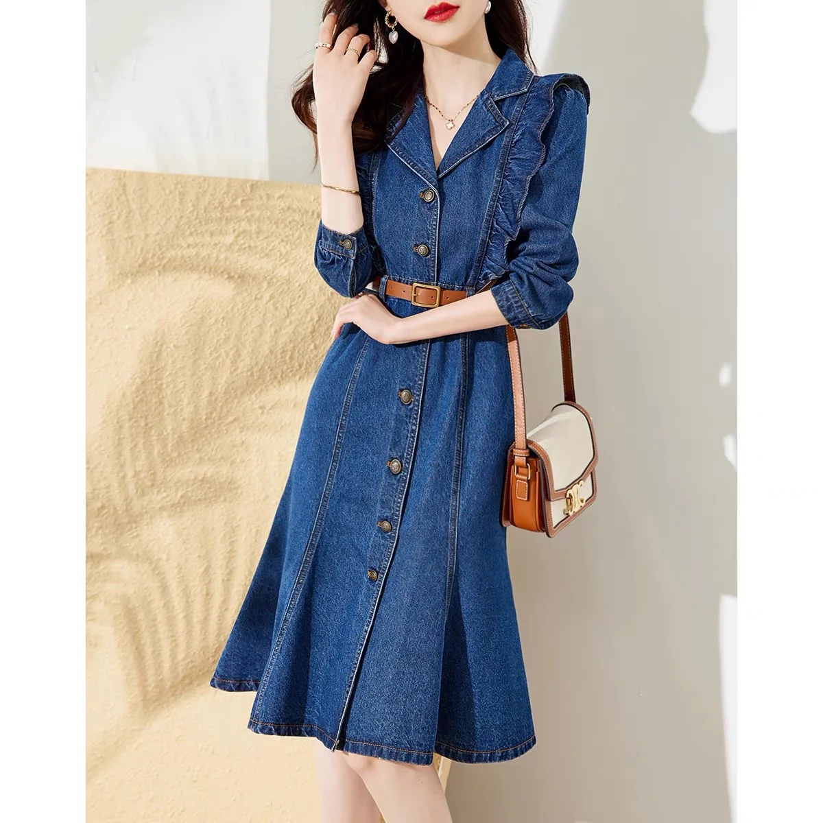 Korean Version Casual Denim Dress With Belt Single Breasted Style Spring Autumn New Wooden Ear Edge Dresses Fashion Versatile